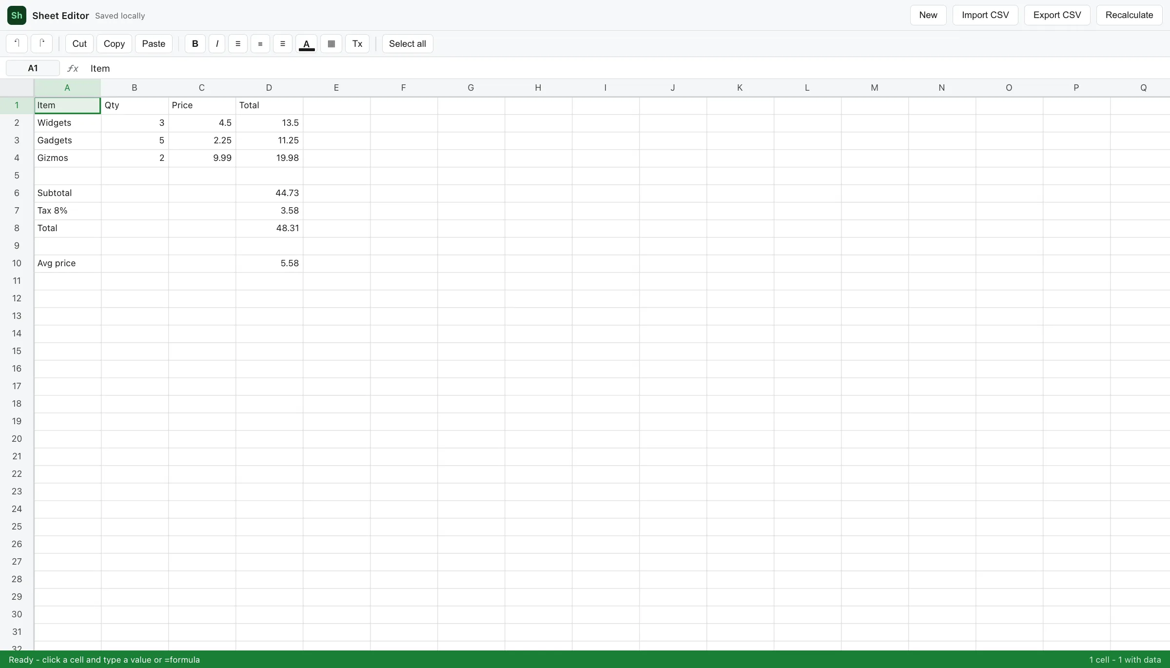 The EditItAll Spreadsheet Editor running in a browser tab, with nothing uploaded